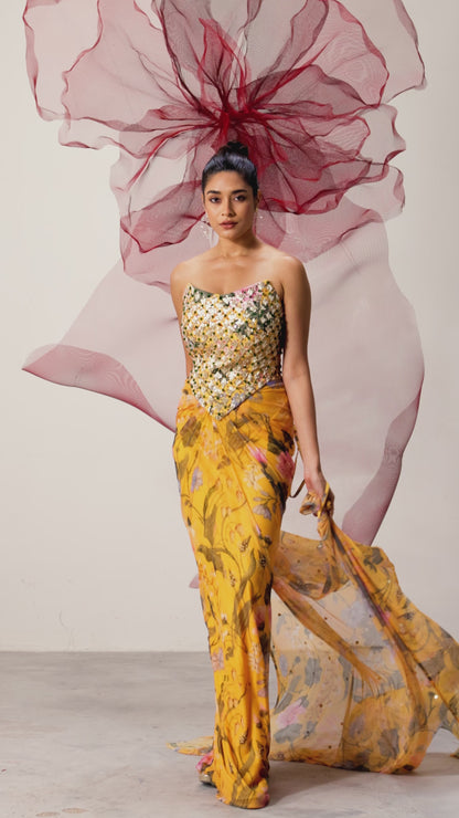 Yellow Corset with Printed Skirt and Scarf - Husn