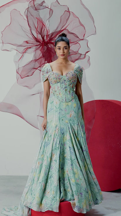 Pastel Green Printed Corset with Flared Skirt - Teekhi Kali