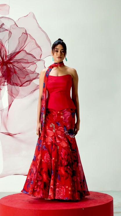 Red Peplum-Style Corset with Fish-Cut Skirt and Matching Dupatta - Aagni