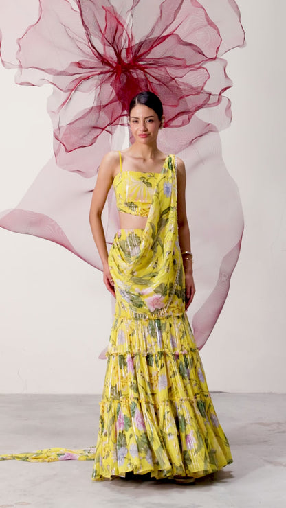 Yellow Crop Top with Printed Drape Skirt - Chameli