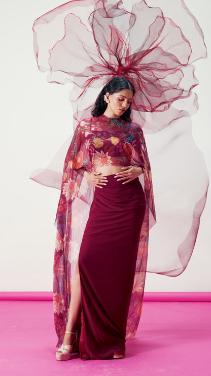 Maroon Crop Top with Draped Slit Skirt and Flowing Cape - Gulnaar