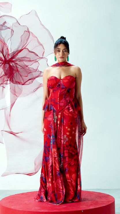 Red Corset-Style Top with Skirt and Matching Scarf - Shola