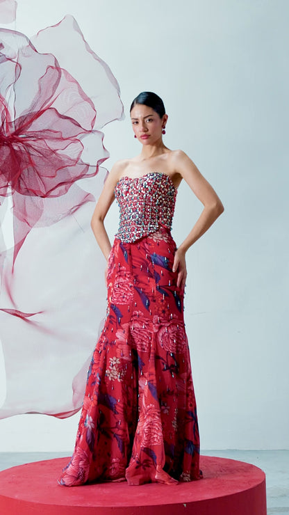 Red Corset with Fish-Cut Skirt and Statement Cape - Jwala