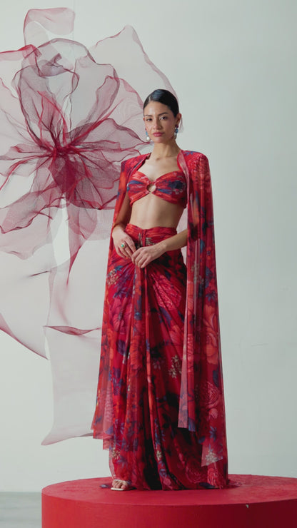 Red Bralette-Style Top with Draped Skirt and Statement Cape - Bijli