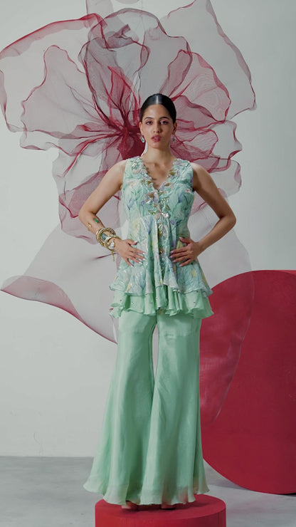 Pastel Green Printed Peplum with Palazzo - Inayat