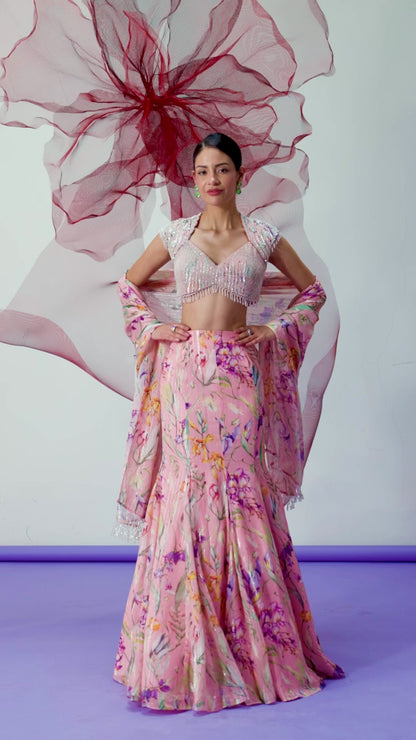 Peach Printed Blouse with Classic Lehenga Skirt - Shabnami