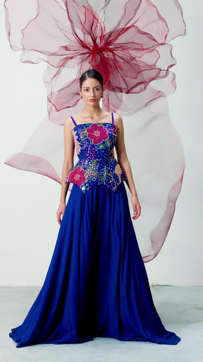 Electric Blue Embellished Corset with Flared Skirt - Saaz