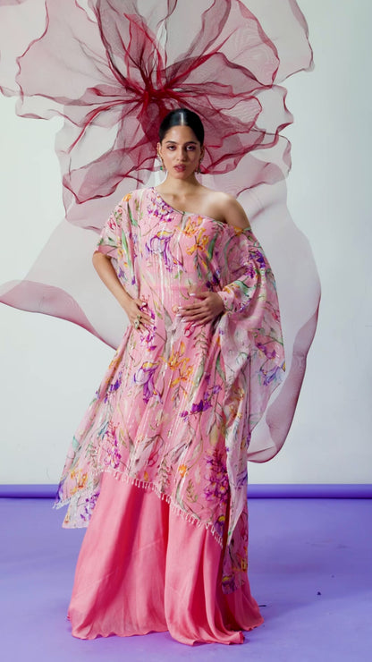 Peach Printed Kaftan with Flared Sharara Pants - Jugni