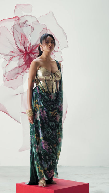 Green Saree with Structured Corset Blouse - Ruhani