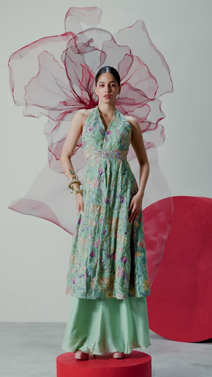 Green Printed Embroidered Halter Neck A-Line Kurta with Palazzo - Noor