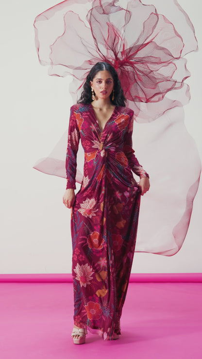 Maroon Printed Mesh Gown with Front Slit - Falak