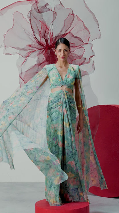 Sea Green Draped Gown with Attached Cape-Style Sleeves - Titli