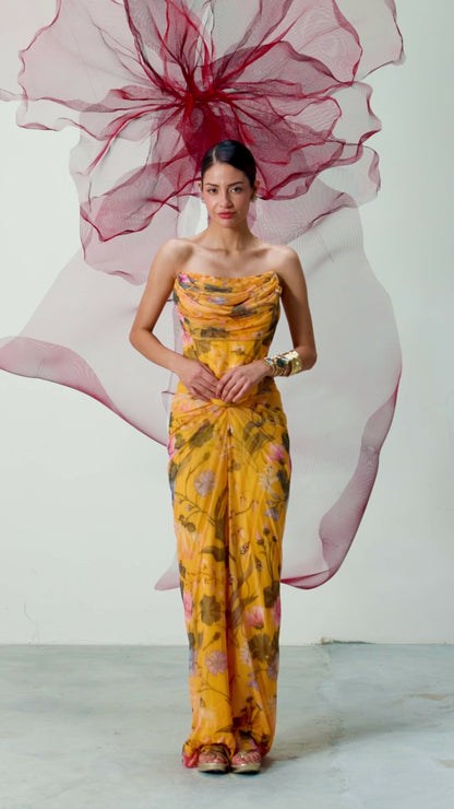 Yellow Printed Corset with Drape Skirt - Naaz