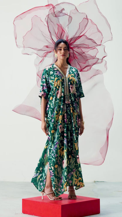 Emerald Green Embellished Kaftaan Dress - Aarzoo