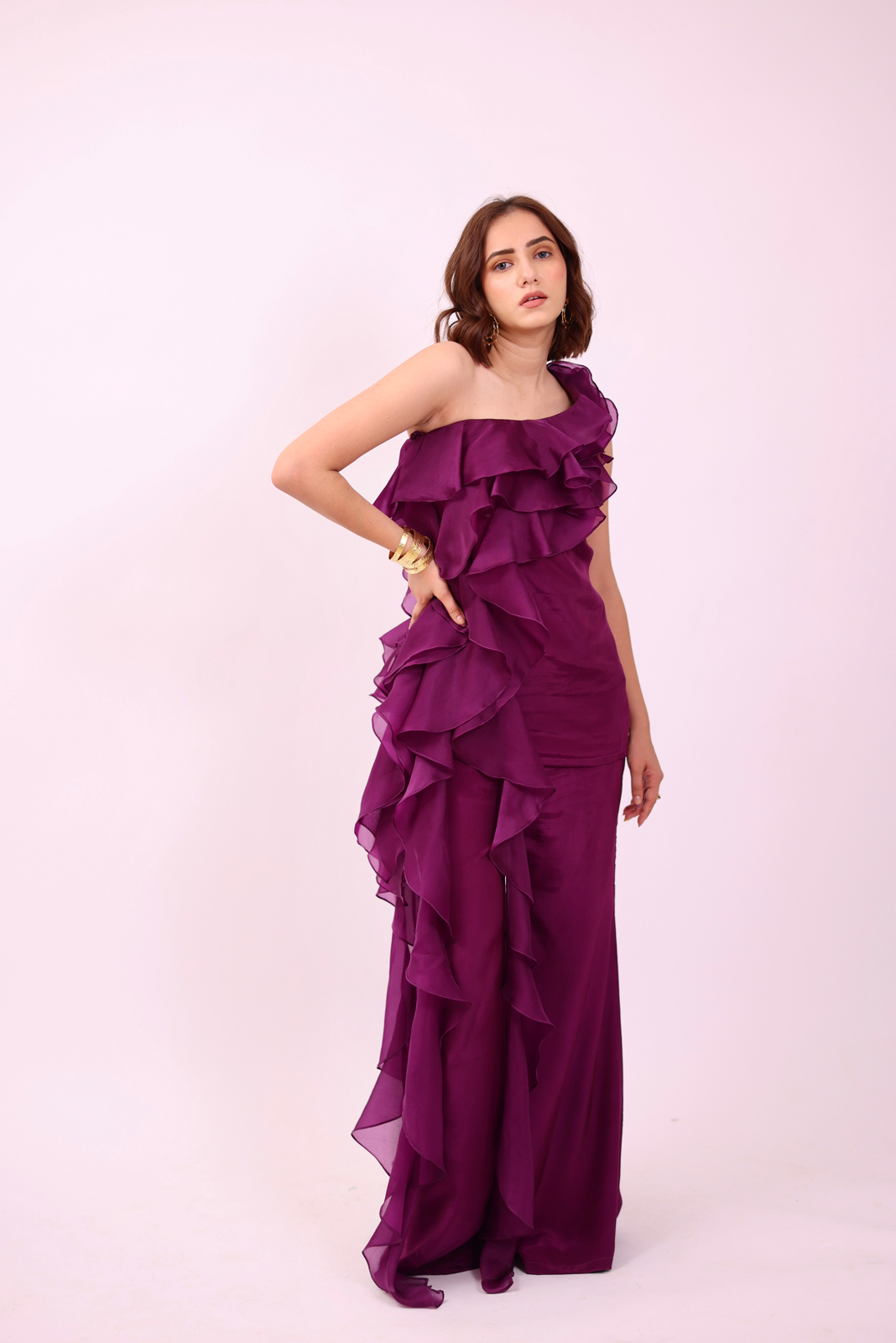 Purple One Shoulder Long Ruffled Co-ord Set- Chirpy