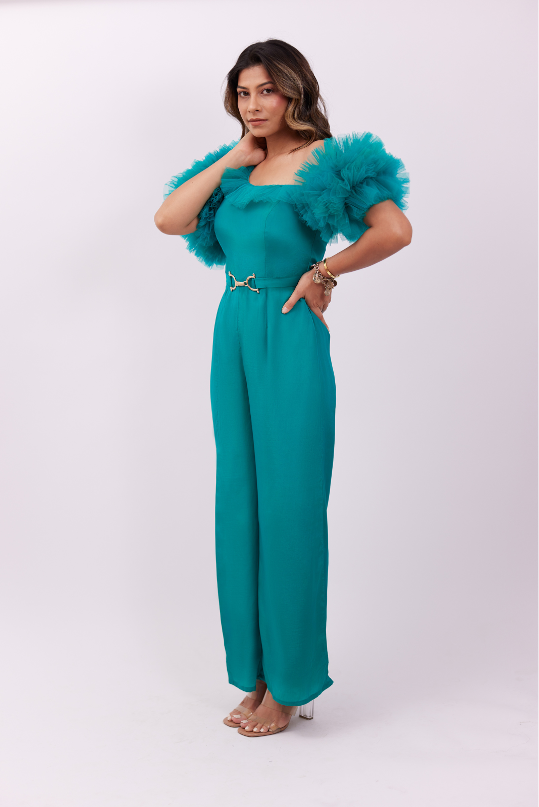 Green Ruffled One Sided Slit Jumpsuit With Belt – Melodrama