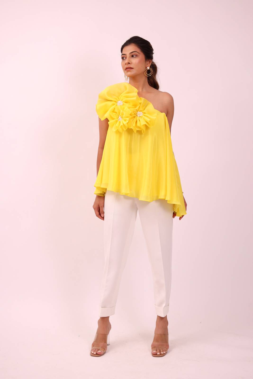 Yellow And White Co Ord Set With Asymmetrical Flair And Flower Details – Obsess