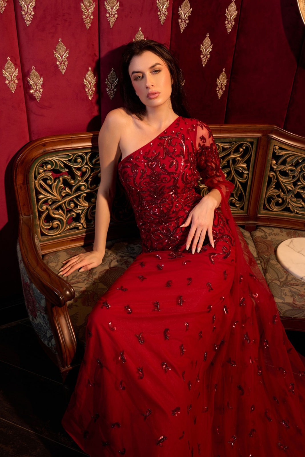Buy Red Fish Cut Gown With Trail Sleeve Online - Vesture